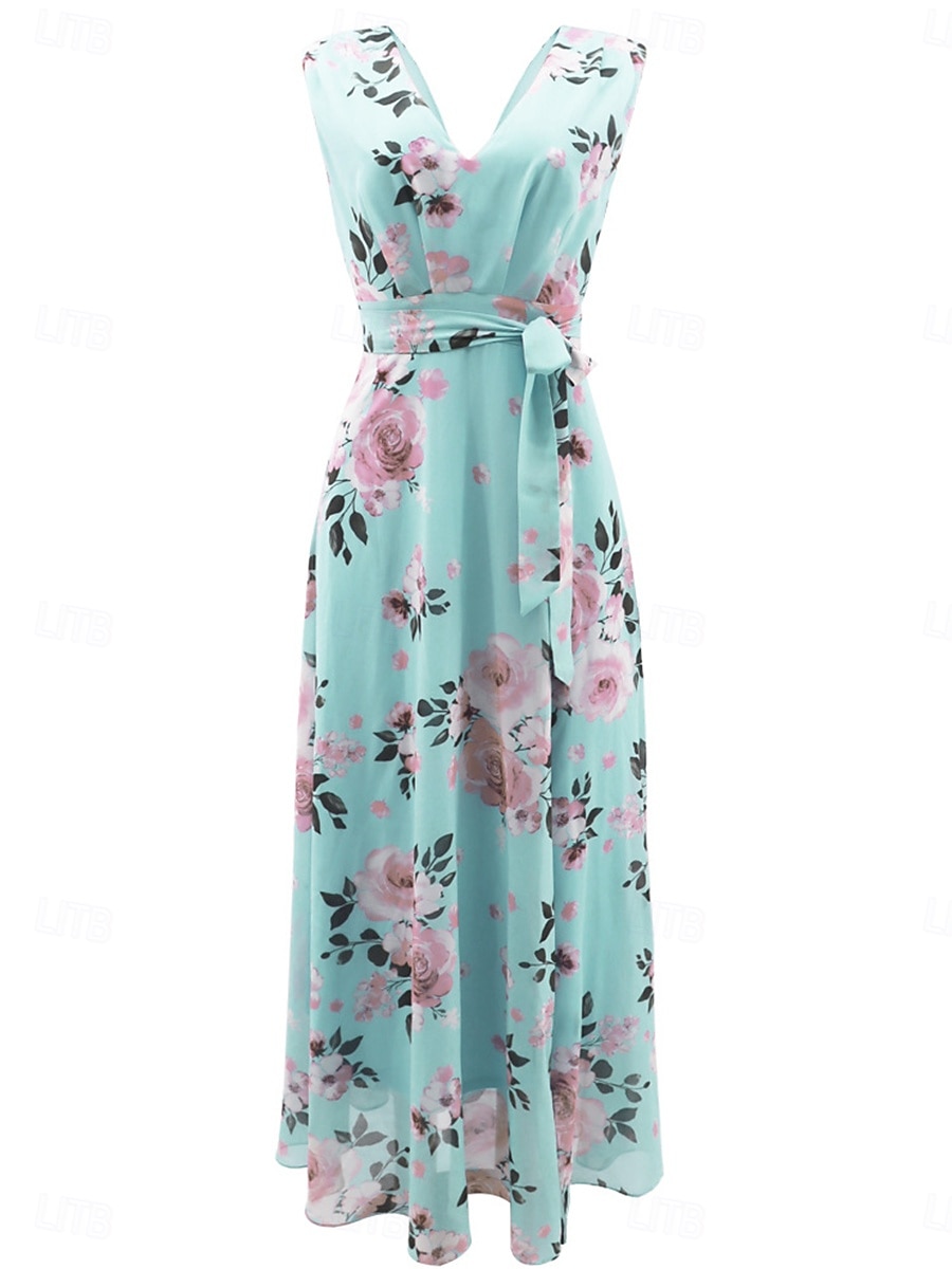 Women's Maxi Dress A Line Dress Summer Dress Stylish Casual Vacation Daily Regular Fit Floral Short Sleeve V Neck Light Green Sky Blue Light Blue Summer 2025 - $41.99 –P5