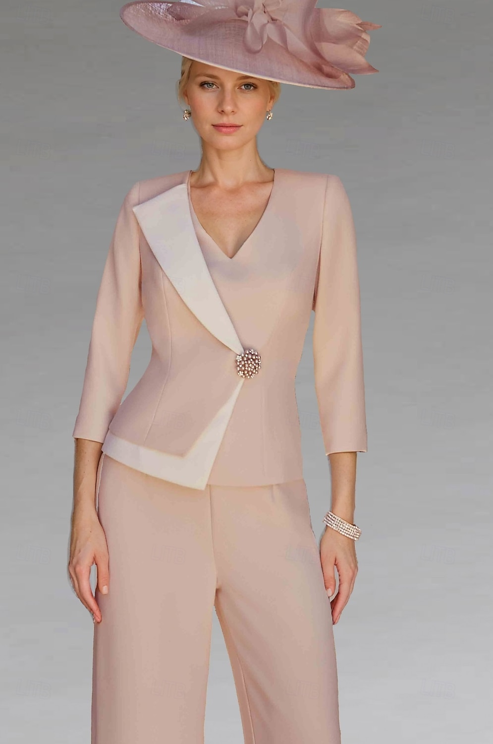 Pink Two Piece Pantsuits Mother of the Bride  Elegant Vintage V Neck Floor Length Stretch Fabric 3/4 Length Sleeve with Pearls Color Block  Race Day Dress 2025 - $169.99 –P1
