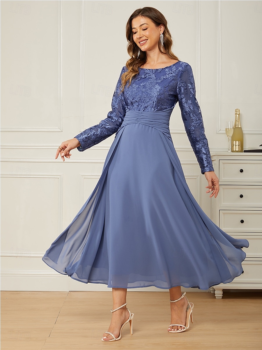 Dame Normal Maxikjole Blonde kjole Chiffonkjoler Elegant Stilfull Fest Bryllupsgjest Stevnemøte Normal Helfarge Langermet Crew-hals Blå Sommer 2025 - $72.99 –P1