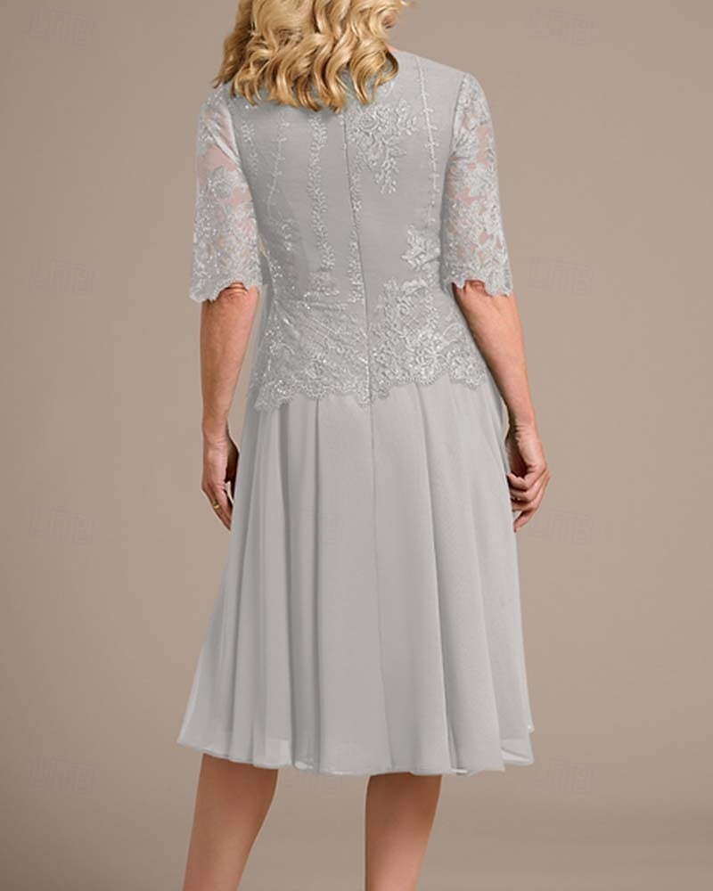 A-linie šaty matka nevěsty blazer šaty elegantní vintage jednoduchý V výstřih čajová délka chiffon poloviční rukáv sako šaty s krajkovou aplikací 2025 - $167.99 –P5