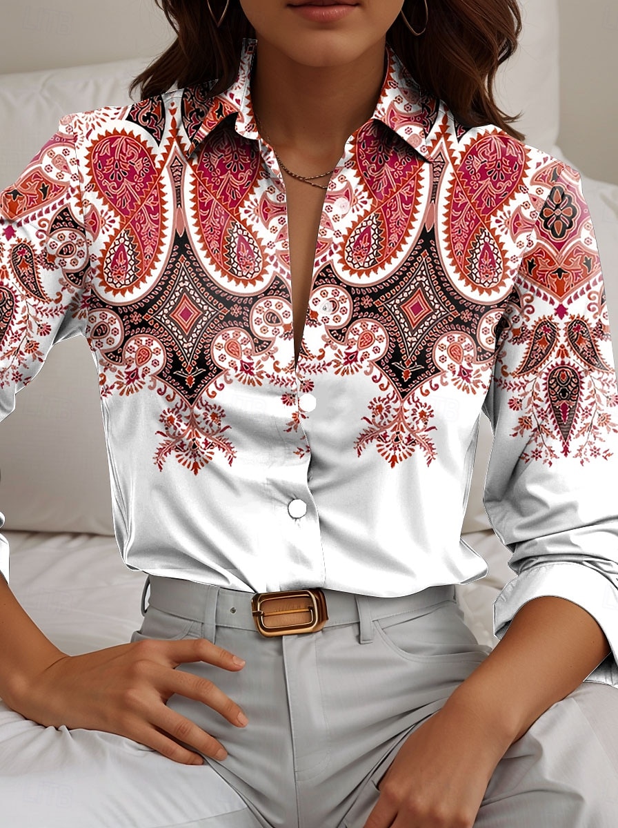 Women's Shirt Paisley Casual Long Sleeve Shirt Collar Regular Tops Work Daily Buttons Print Red Blue Orange Spring Fall Winter 2025 - $32.99 –P2