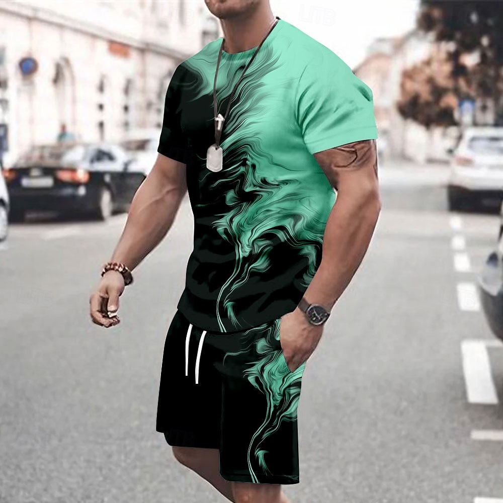 Men's splatter 2pcs Tees sets Summer Tops Short Sleeve Short Pants Crew Neck Sport Casual Outdoor Vacation Sport 3D Print Summer Robin's Egg Blue White Green 2025 - $25.99 –P4