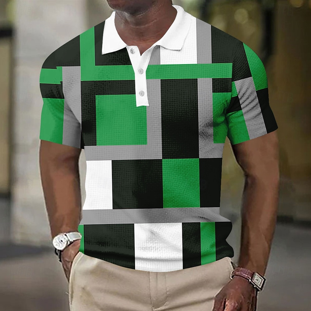 Herren Geometrisch Waffel-Poloshirts Kurzarm Polo-Shirts Hemden mit Kragen Business-Casual Athleisure Büro-Outfit Alltagskleidung Knöpfe 3D-Druck Sommer Rote Blau Himmelblau 2025 - $22.99 –P4