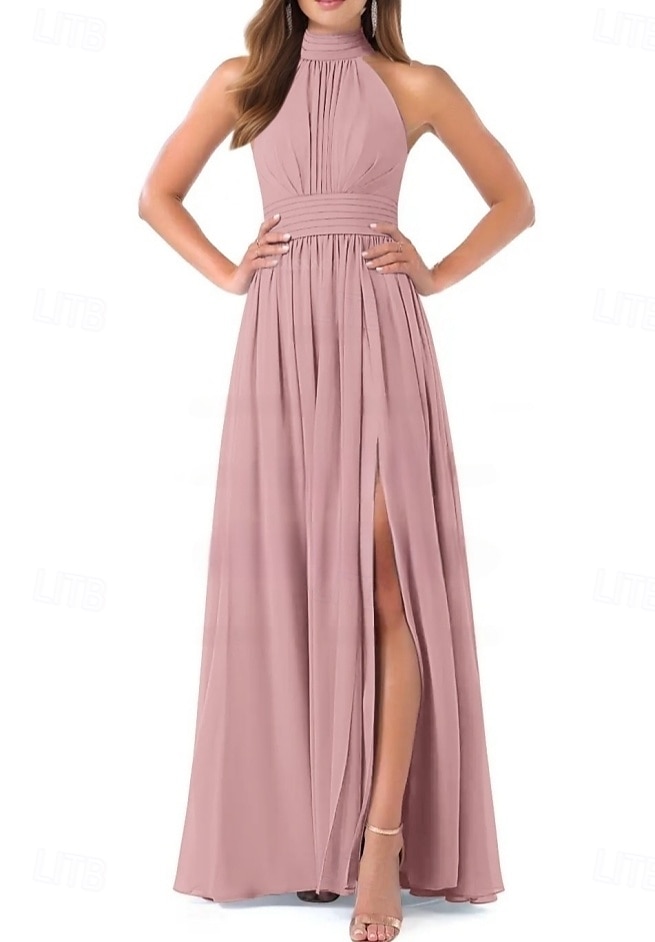 Robe de demoiselle d'honneur A-Line col halter manches courtes élégante longueur de sol chiffon avec plis  fente avant  fronces de 2025 ? $160.99 –P1
