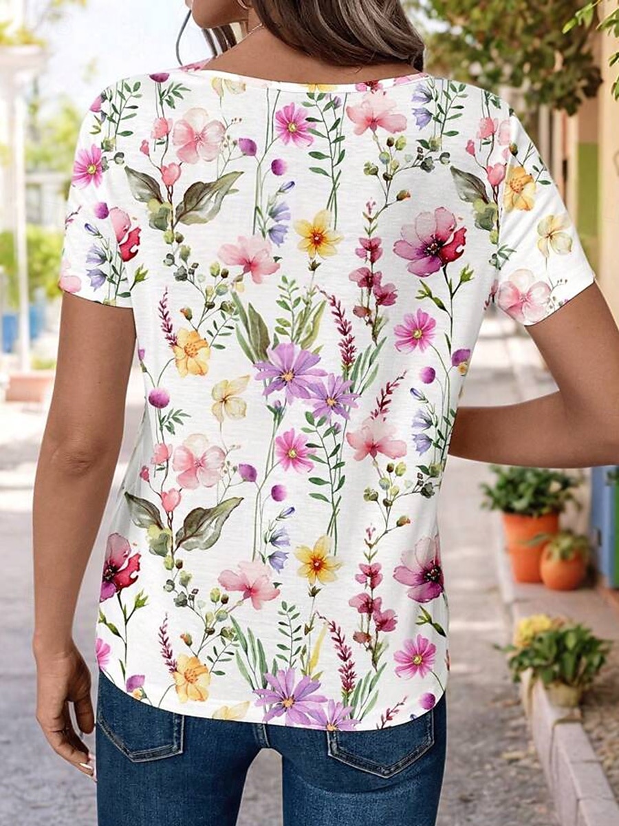 Dame T skjorte Blomstret Stilfull Fritid Kortermet V-hals Vanlige topper Daglig Trykt mønster Hvit Sommer 2025 - $19.99 –P2