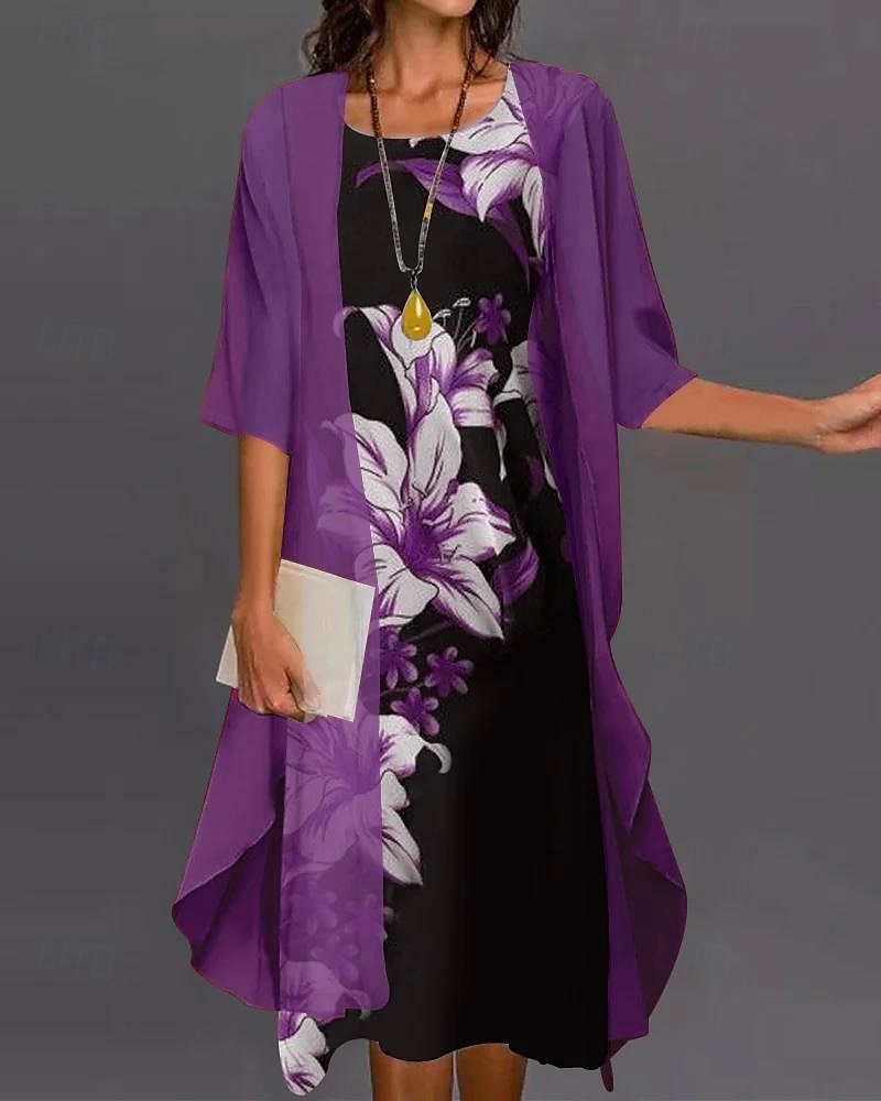 Femme Mode Vêtement de rue Jupe Ensembles Manches 3/4 Cloche Col Ras du Cou Floral Imprimer Usage quotidien Rendez-vous Rouge Bleu Violet Printemps Standard de 2025 ? $34.99 –P3