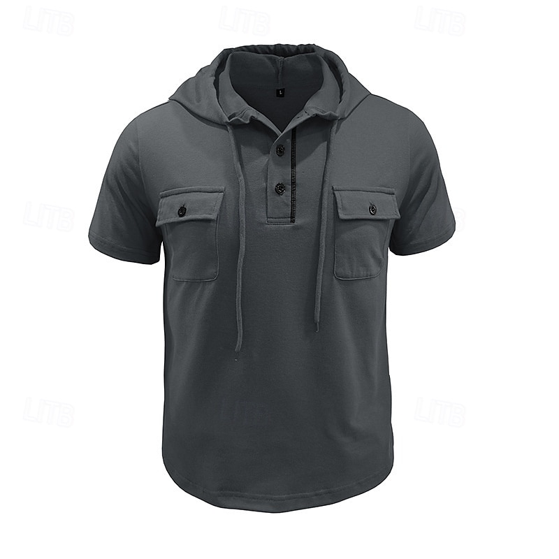 Men's T Shirt Henley Shirt Tee Short Sleeve Shirt Short Sleeve Hooded Henley Summer Spring Color Block Fashion Designer Basic Drawstring Vacation Street Going out Black Khaki Light Grey Top Tee for 2025 - $26.99 –P8