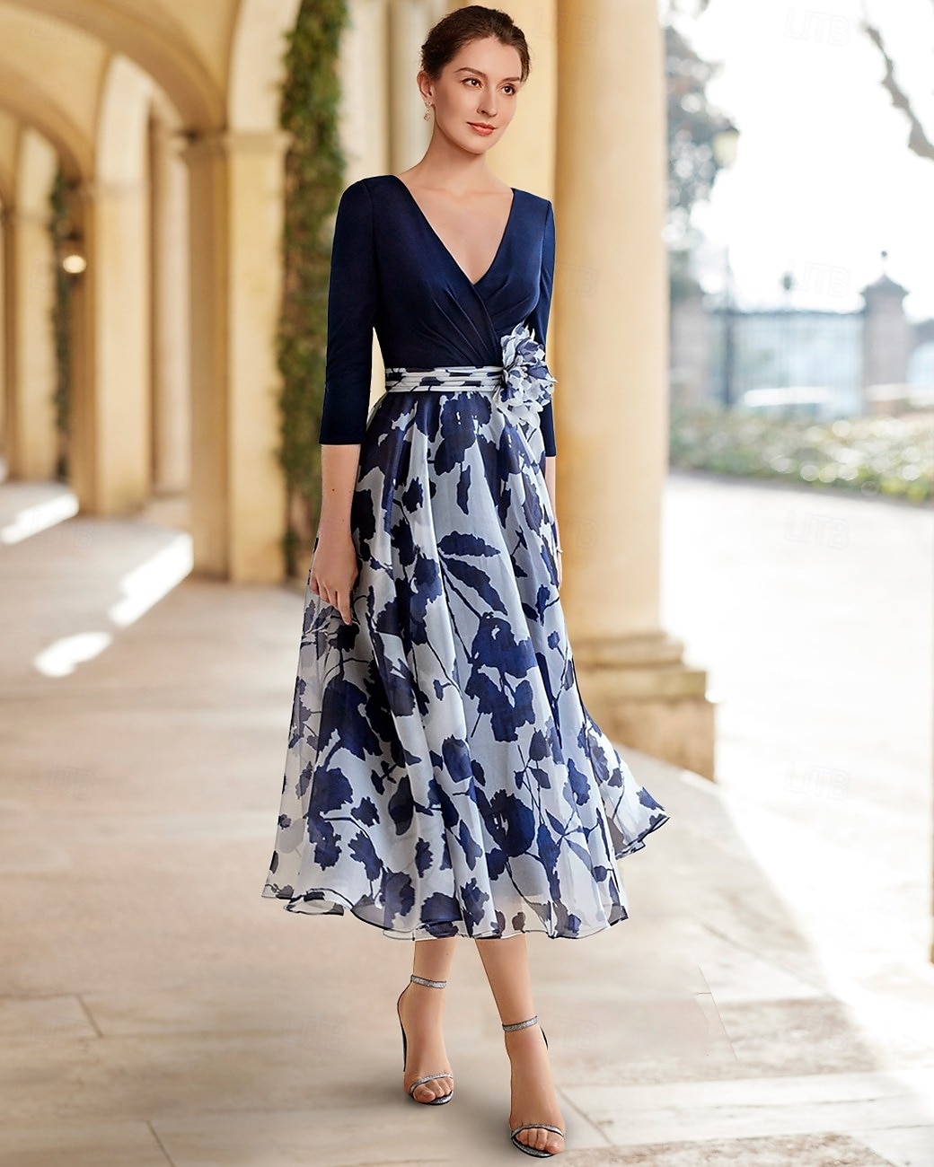 A-Lijn Moeder van de Bruid Jurk Elegante V-Hals Scoop Hals Enkellengte Chiffon Sequined Stretch Stof 3/4 Lengte Mouw met Bloem Race Dag Jurk Bruiloft Gast Jurk 2025 - $176.99 –P3
