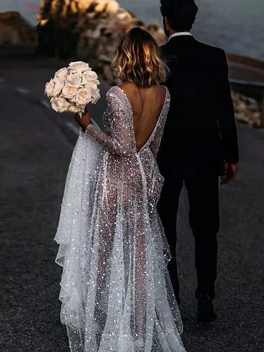Hochzeitskleider Ballkleid V-Ausschnitt Langarm Kapelle Zug Satin Brautkleider mit Falten gerafft 2025 - $229.99 –P2