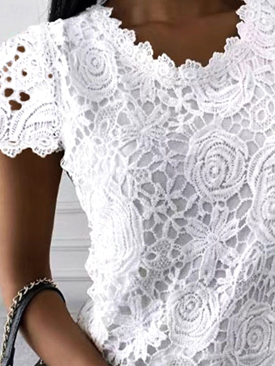 Dámské Halenka Pevná barva Elegantní Denní stylové Krátký rukáv Do V Běžné topy Denní Dovolená Jdeme ven Krajka Bílá Světlá růžová Fialová Vodní modrá Léto Jaro 2025 - $25.99 –P3
