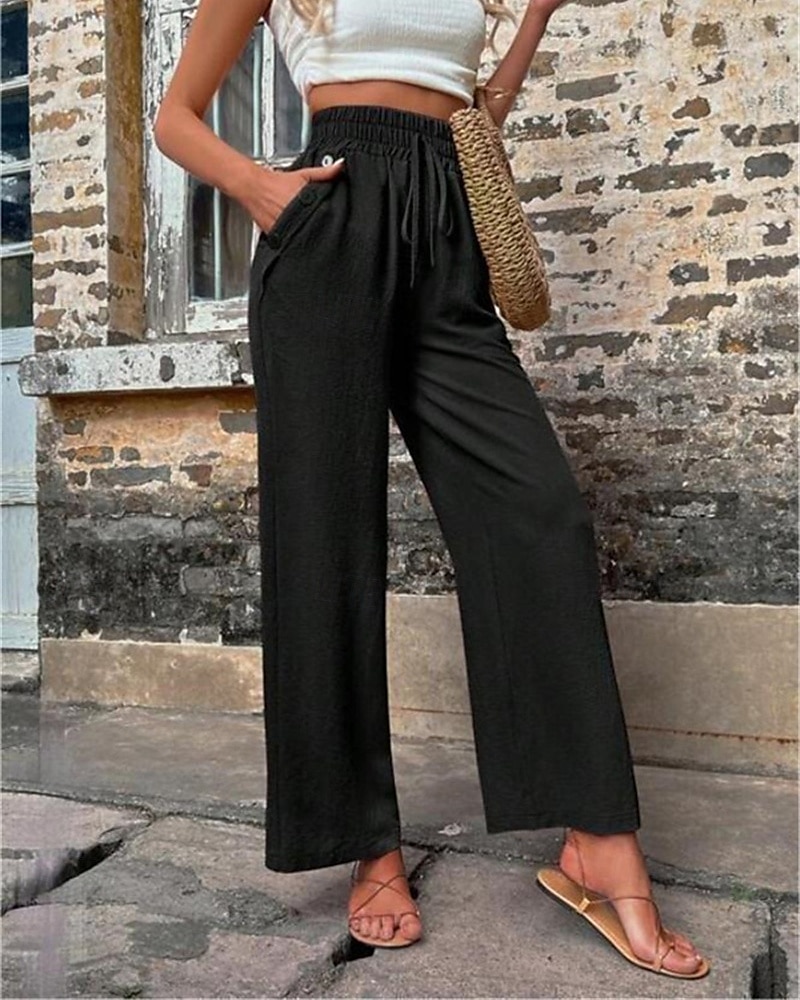 Жен. Шорты из хлопка и льна Брюки, вдохновленные льном Брюки из хлопка и льна Мода Уличный стиль Удобная обувь Полная длина Завышенная Полотняное плетение Кулиска Эластичная талия Прямая нога 2025 - $19.99 –P4