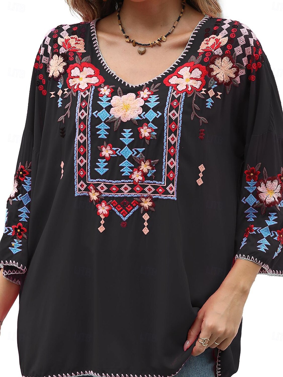Dame Boho skjorte Helfarge Blomstret Bohem Daglig Luksuriøs 3/4 ermer 3/4-ermer Crew-hals Vanlige topper Arbeid Daglig Ut på byen Broderi Svart Gul Rose Rosa Sommer 2025 - $52.99 –P7