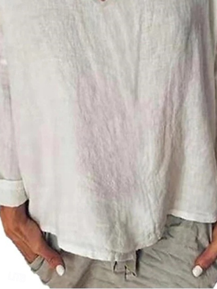 Women's Shirt Blouse Cotton Linen Shirts Solid Color Basic Casual Long Sleeve V Neck Regular Tops Daily White Yellow Summer Spring 2025 - $21.99 –P3
