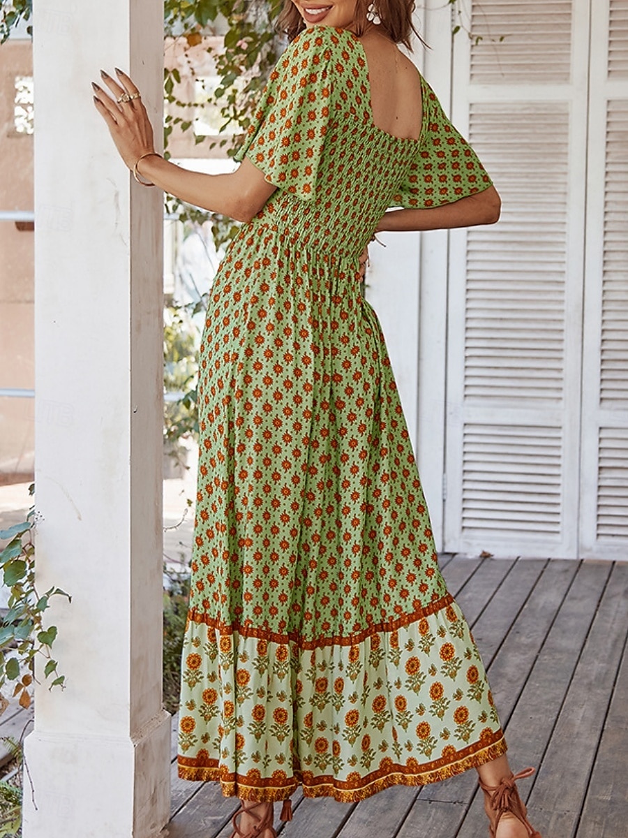Damskie Sukienka maxi Codzienne sukienki Sukienka rozkloszowana Sukienka A line Elegancki Codzienny Urlop Codzienny Regularny Kwiaty Krótki rękaw Kwadratowy dekolt Żółty Rumiany róż Pomarańczowy 2025 - $33.99 –P15