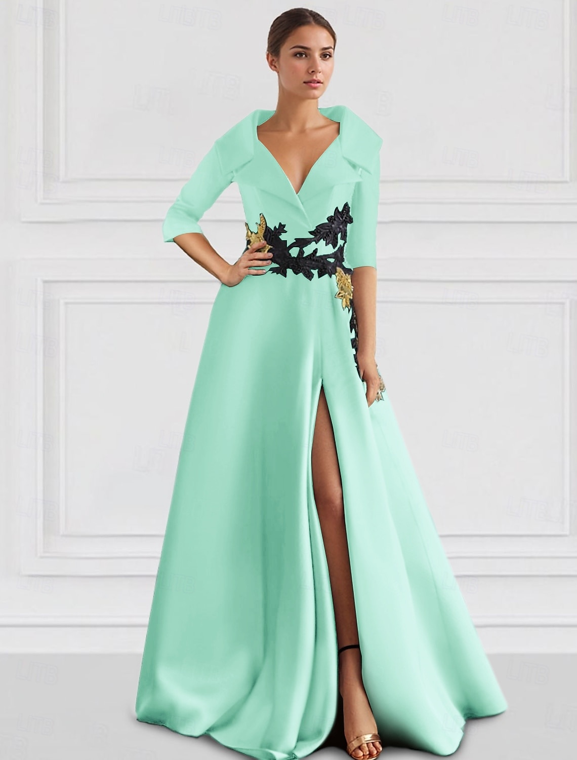 Vestido de Gala A-Line Preto Elegante Tuxedo Vestido Formal Comprimento de Chão Manga 3/4 Colarinho de Camisa Bolso Cetim com Apliques vestido para impressionar 2025 de 2025 por $179.99 –P6
