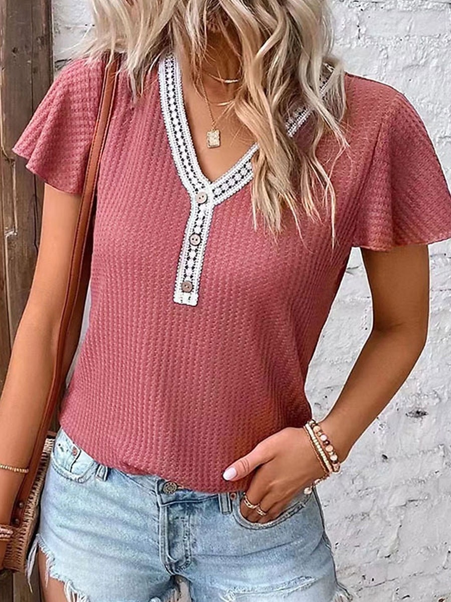 Femme T shirt Plein Mode Moderne Décontractées Manche Courte Col V Hauts réguliers du quotidien Fin de semaine Patchwork Noir Blanche Rose Claire Eté Printemps de 2025 ? $23.99 –P1
