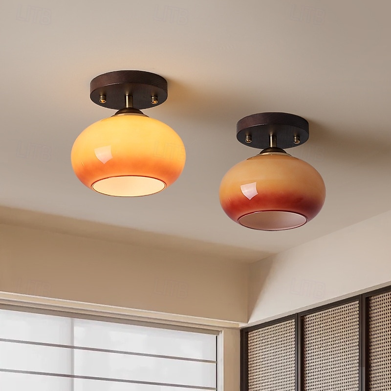 moderní retro kulatá oválná kupole dřevěná základna sklo 1-světelné polozapuštěné stropní svítidlo pro obývací pokoj 110-240v 2025 - $94.99 –P1
