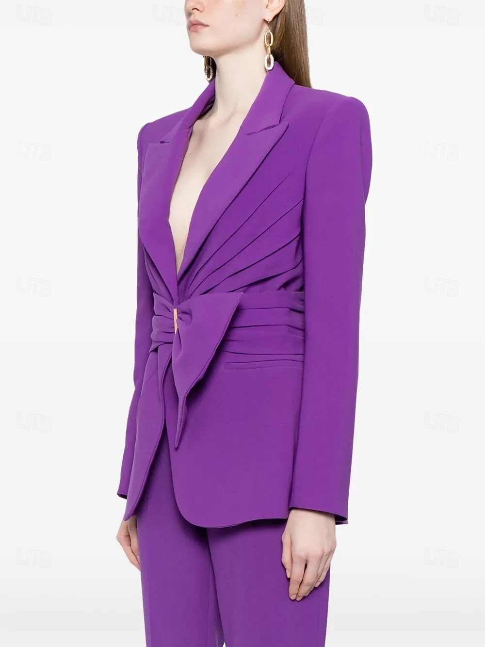 Completo madre della sposa a due pezzi elegante minimalista colletto camicia lunghezza al pavimento in tessuto elasticizzato manica lunga con volant colore solido 2025 del 2025 a $159.99 –P2