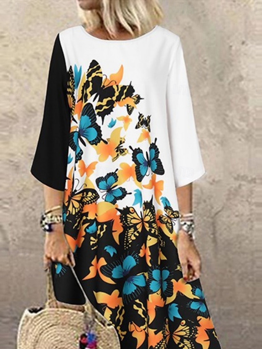 Femme Robe Maxi Robe casual mode Décontractées Vacances du quotidien Standard Floral Manches 3/4 Col Ras du Cou Blanche Jaune Rouge Eté Printemps de 2025 ? $27.99 –P3