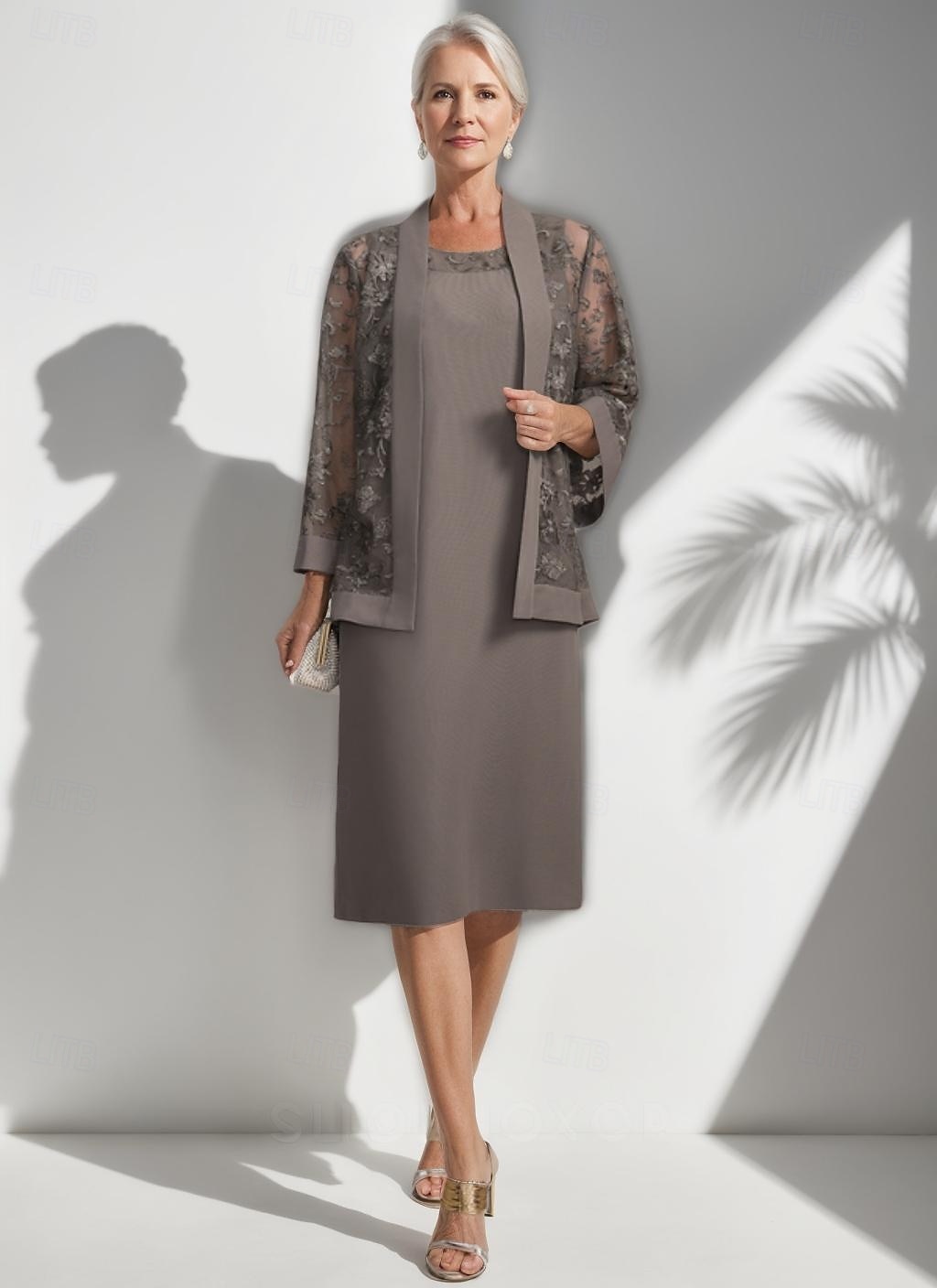 Mother of the Bride Dress Set Elegant Vintage Simple Jewel Neck Tea Length Chiffon FLoral Lace Long Sleeve with Jacket 2025 - $185.99 –P1