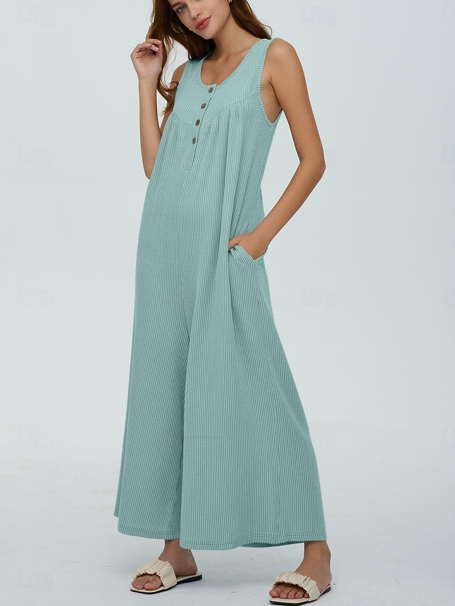 Női Szabályos Jumpsuitek Aktív Tömör szín Ujjatlan U-alakú Gombok Zseb Vakáció Napi Normál Fekete Sötétkék Medence Nyár 2025 - $32.99 -P11