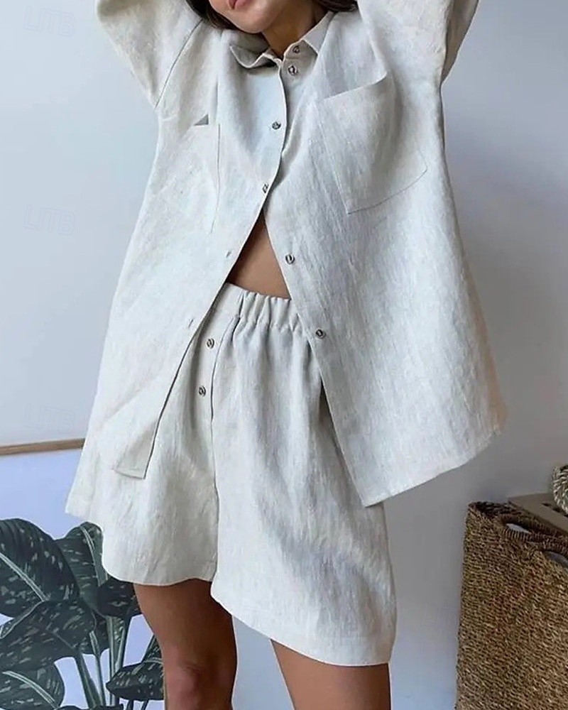 Pentru femei Modă Șic Stradă Cămașă Seturi inspirate de in Seturi din două piese Pantaloni scurți de plajă Pantaloni scurți largi Manșon Lung Guler Cămașă Culoare solidă Cordon Vacanță Purtare Zilnică 2025 - $27.99 –P6