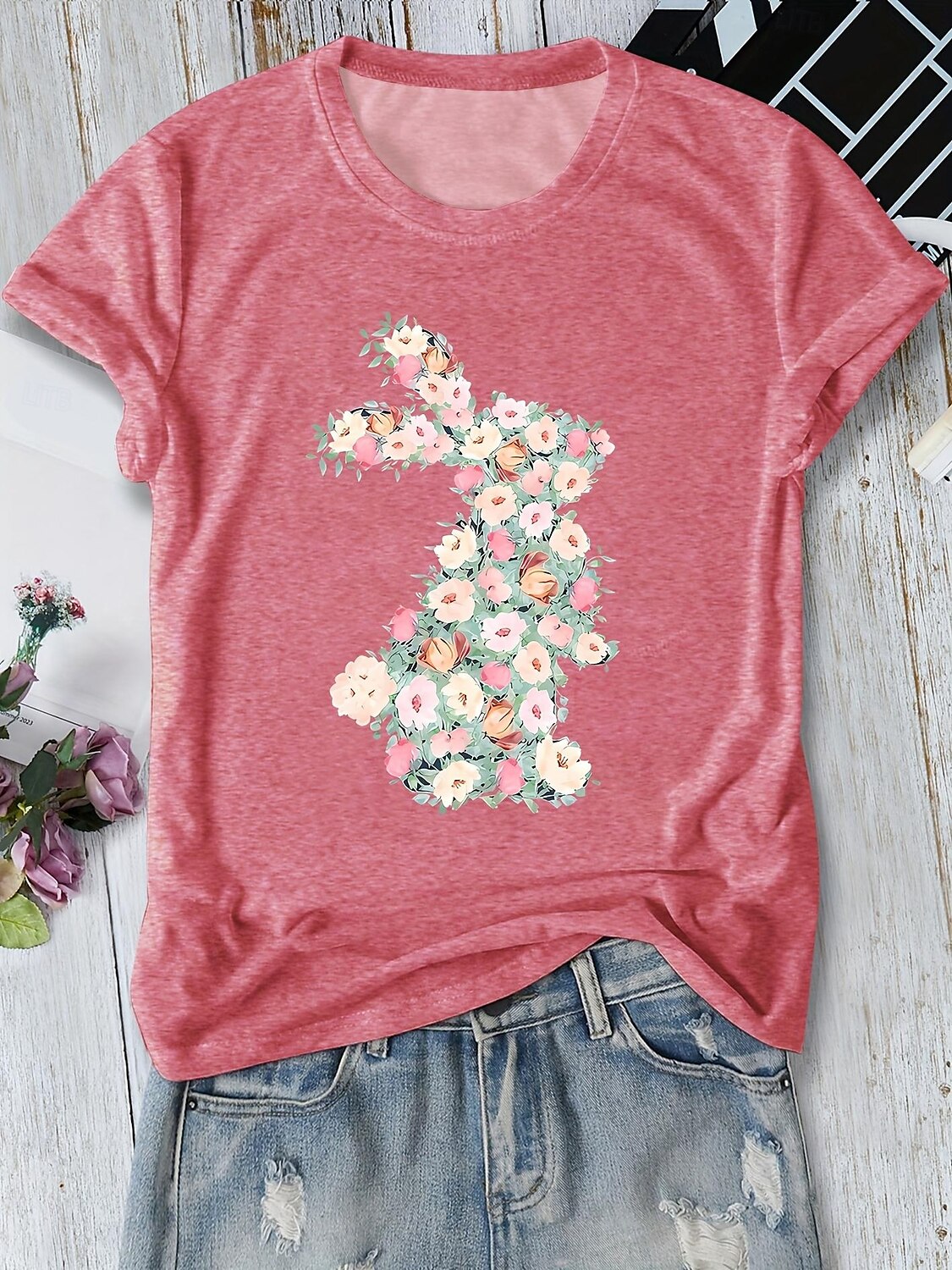 Semana Santa Mujer Camiseta Floral Animal Elegante Casual Manga Corta Escote en Pico Tops regulares Diario Estampado Rosa Azul Marino Azul Piscina Verde Oscuro Verano Primavera 2025 - $19.99 –P1