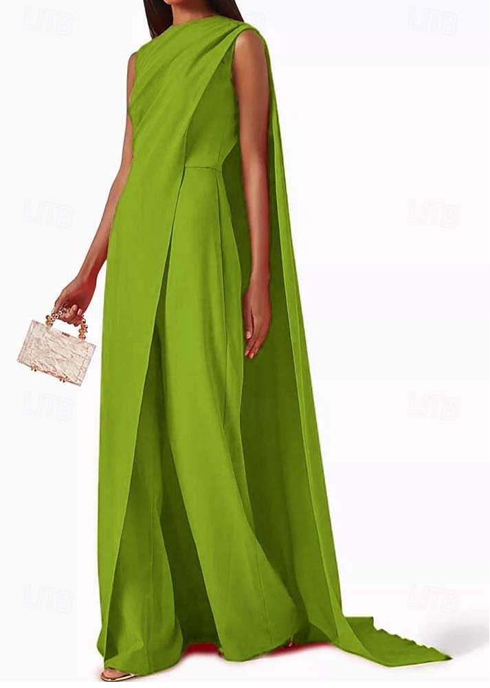 Combinaisons robe de soirée élégante invité de mariage train traînant sans manches col rond crêpe extensible avec drapés 2025 de 2025 ? $178.99 –P7