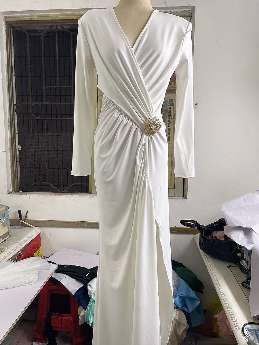 Abiti da ballo A-Line Vestito da festa Carnevale Festa Lunghezza al pavimento Maniche lunghe V Collo Poliestere con Strass del 2025 a $80.99 –P6