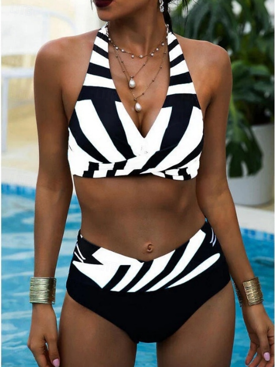 Women's Swimwear Bikini 2 Piece Cheeky Swimsuit Backless Slim Vacation Beach Wear Stripe Halter Neck Sleeveless Bathing Suits 2025 - $29.99 –P6