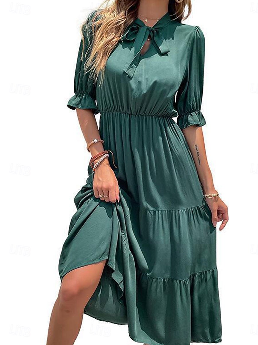 Damen kleid lang Maxidress A Linie Kleid Basic Brautkleider schlicht Urlaub Arbeit Casual Regular Fit Glatt Halbe Ärmel Rundhalsausschnitt Schwarz Burgunderrot Grün Sommer Frühling Herbst 2025 - $30.99 –P4