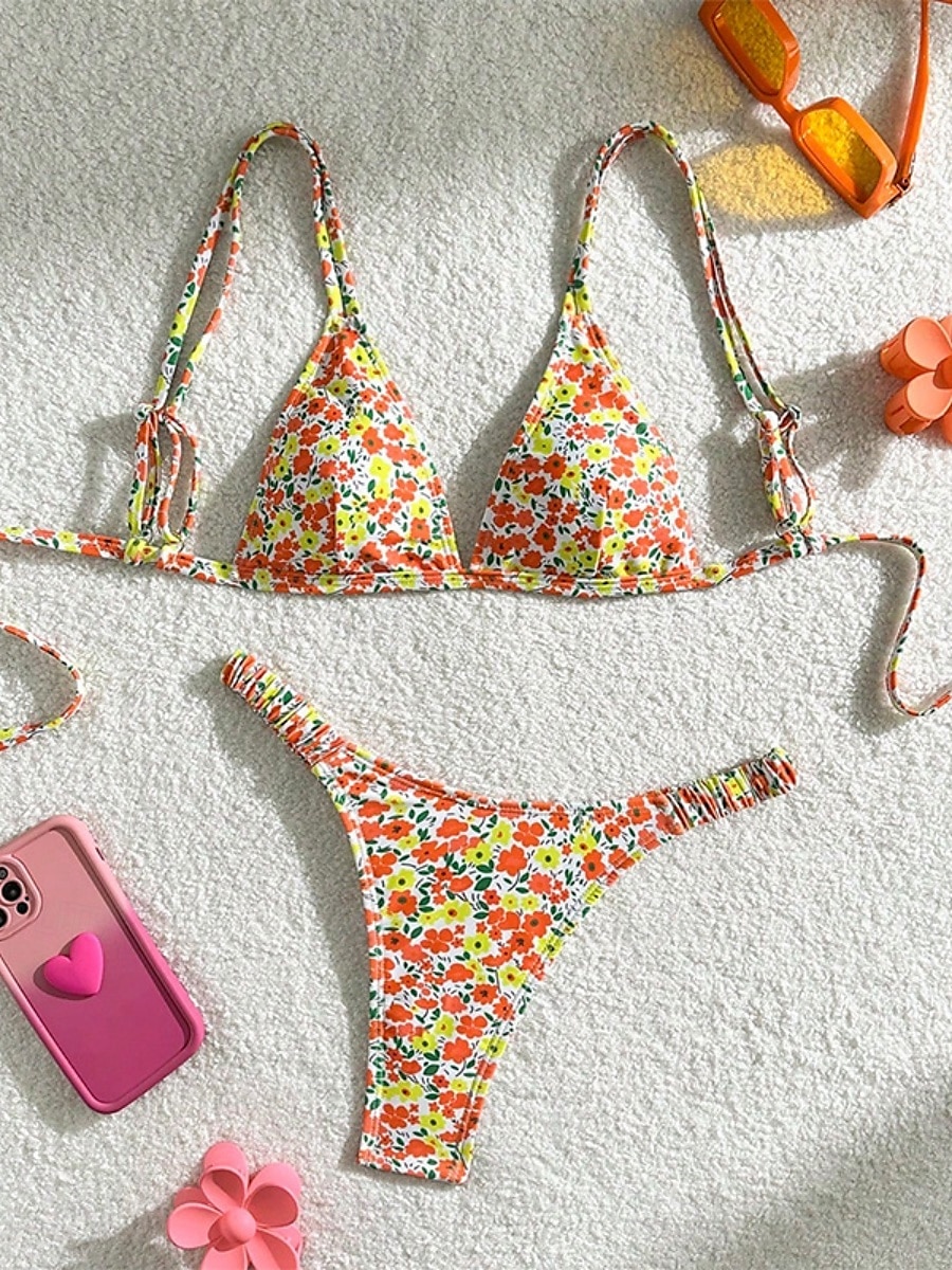 Dames Zwemkleding Bikini 2 stuks String Zwempak Blote rug Slank Vakantie Strand Kleding Bloemig V-hals Mouwloos Badpakken 2025 - $22.99 –P6