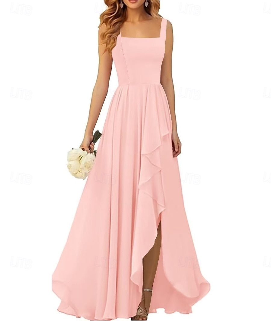 Linha A Vestido de Madrinha Correias / Decote Quadrado Sem Manga Elegante Longo Chiffon / Elastano com Pregas / Fru-Fru / Pregueado 2022 de 2025 por $162.99 –P8