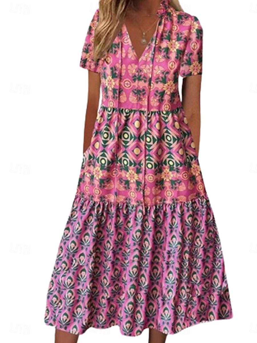 Dam Midiklänning Vardagsklänning Boho-klänning Stylish Ledigt Semester Ledigt Dagligen Lös passning Blommig Kortärmad V-hals Rodnande Rosa Sommar Vår 2025 - $35.99 –P5