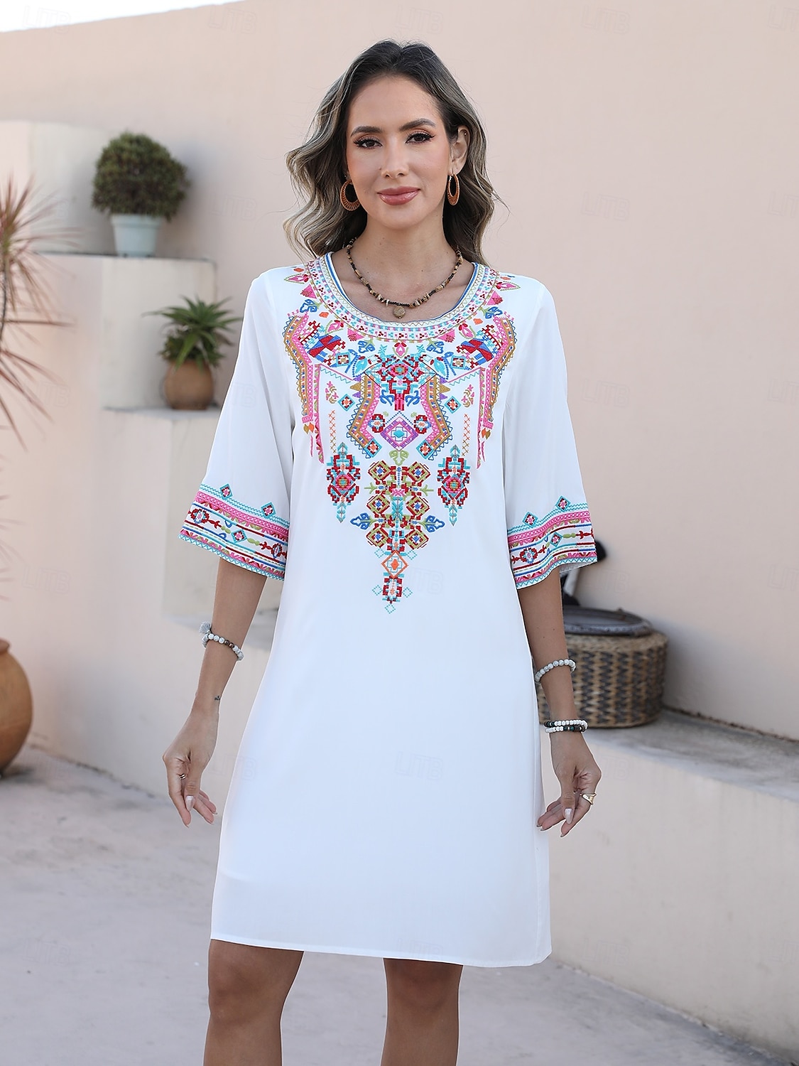 Valentine's Day Women's Normal Mini Dress Boho Chic Dresses A Line Dress Bohemia Stylish Classic Elbow Sleeve Vacation Party Casual Form Fit Floral Plain 3/4 Length Sleeve Crew Neck Black White Summer 2025 - $37.99 –P8