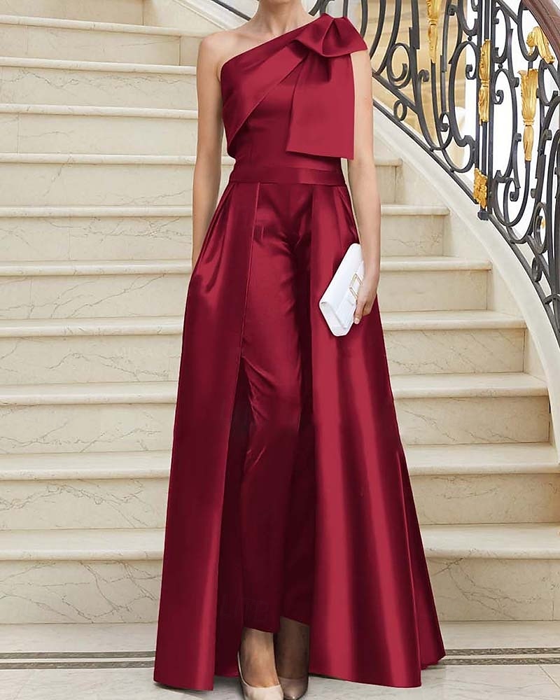 Combinaisons Robe de Soirée Élégante Avec Jupe Détachable Robe Invité au Mariage Longueur de Sol Sans Manches Épaule Dénudée Satin Vert Sauge avec Nœud(s) de 2025 ? $183.99 –P5