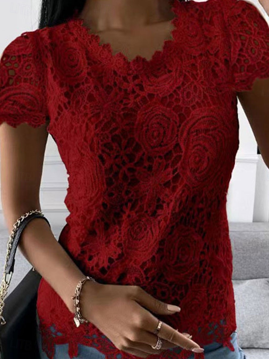 Dámské Halenka Pevná barva Elegantní Denní stylové Krátký rukáv Do V Běžné topy Denní Dovolená Jdeme ven Krajka Bílá Světlá růžová Fialová Vodní modrá Léto Jaro 2025 - $25.99 –P6