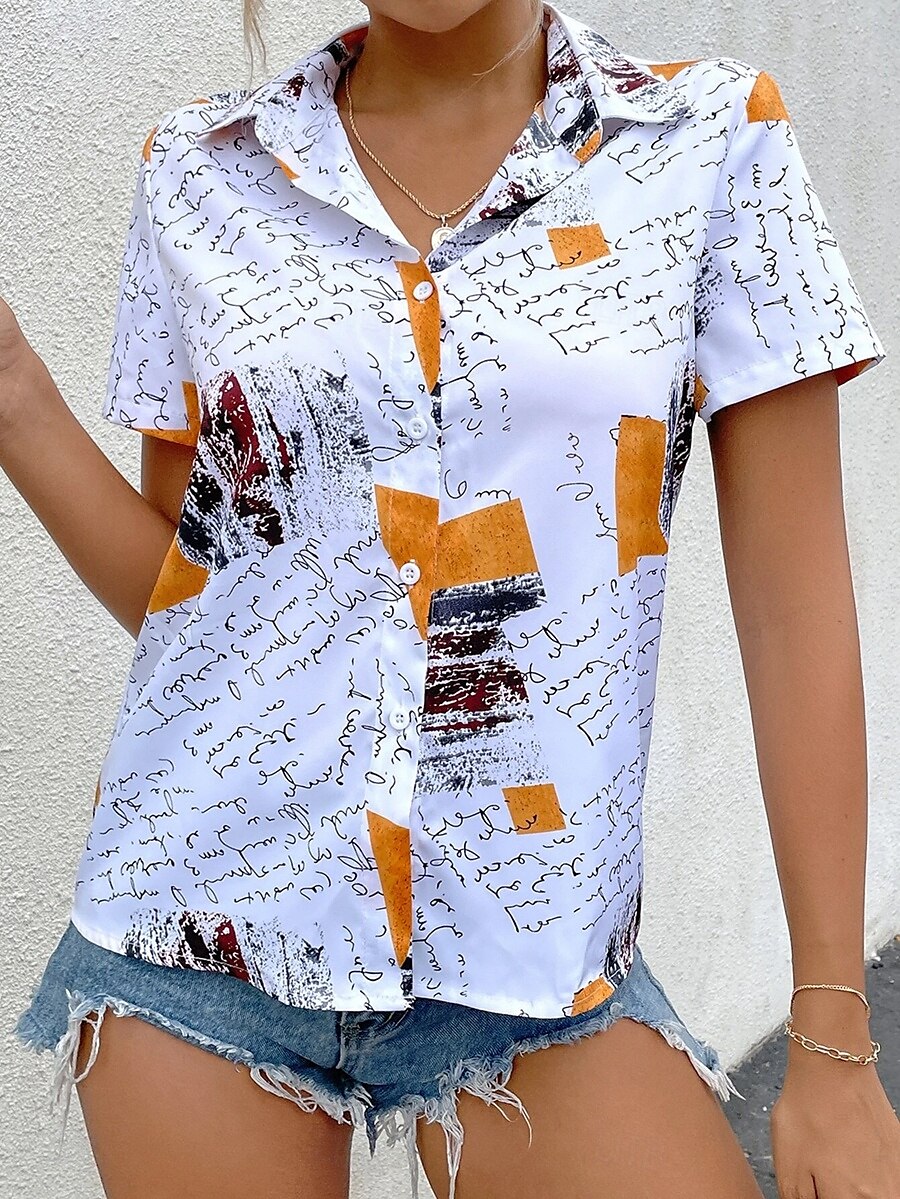 Damen Hemd Grafik Alltag Lässig Kurzarm Hemd Kragen Reguläre Oberteile Alltag Knöpfe Druck Weiß Sommer 2025 - $24.99 –P3