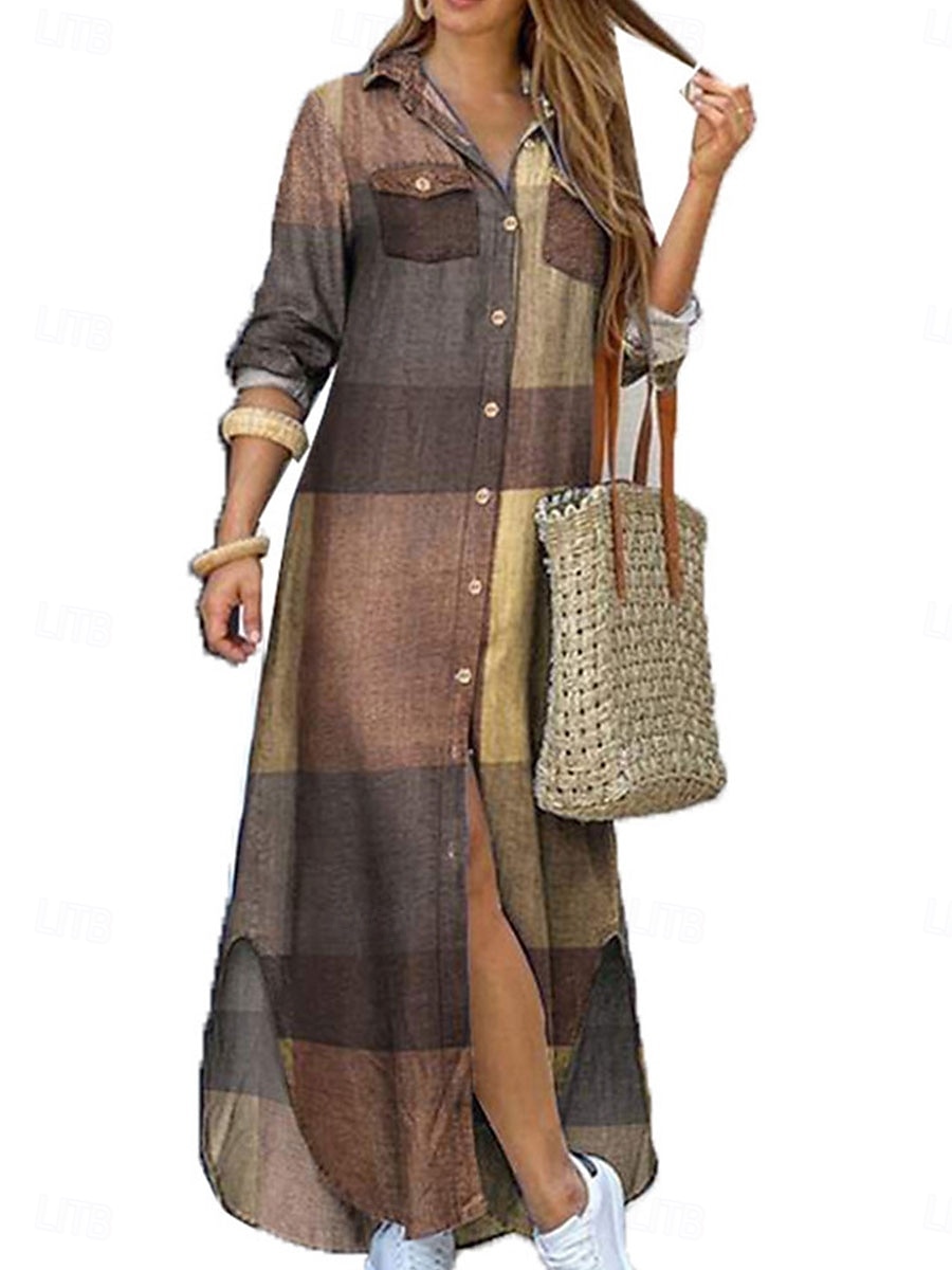 Damen Maxidress blusenkleid Casual kleid Stilvoll Basic Brautkleider schlicht Urlaub Täglich Lockere Passform Graphic Langarm Hemdkragen Wein Rote Blau Khaki Frühling Herbst 2025 - $25.99 –P1
