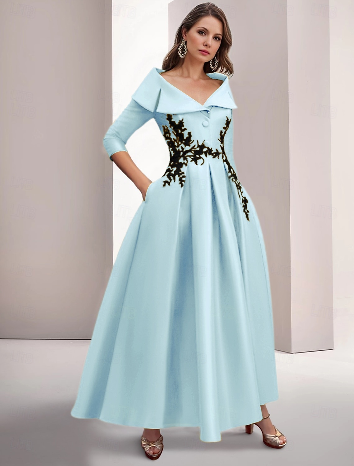 Green Black A-Line Evening Gown Elegant Embroidered Vintage Dress Formal Floor Length 3/4 Length Sleeve Shirt Collar Satin with Appliques 2025 - $189.99 –P6
