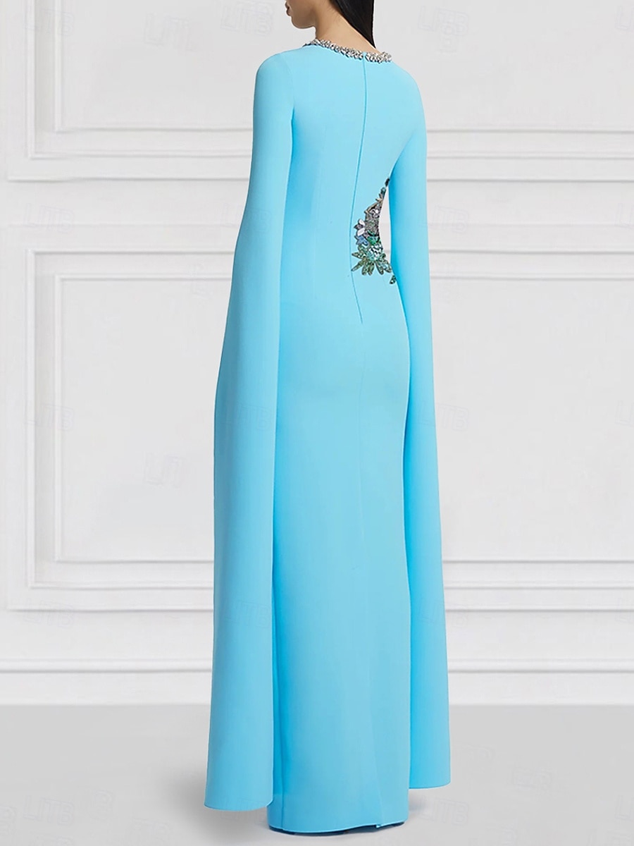 Green Blue Floral Column Evening Gown Side Slit Dress Formal Wedding Guest Floor Length Short Sleeve Jewel Neck Stretch Crepe with Embroidery 2025 - $202.99 –P3