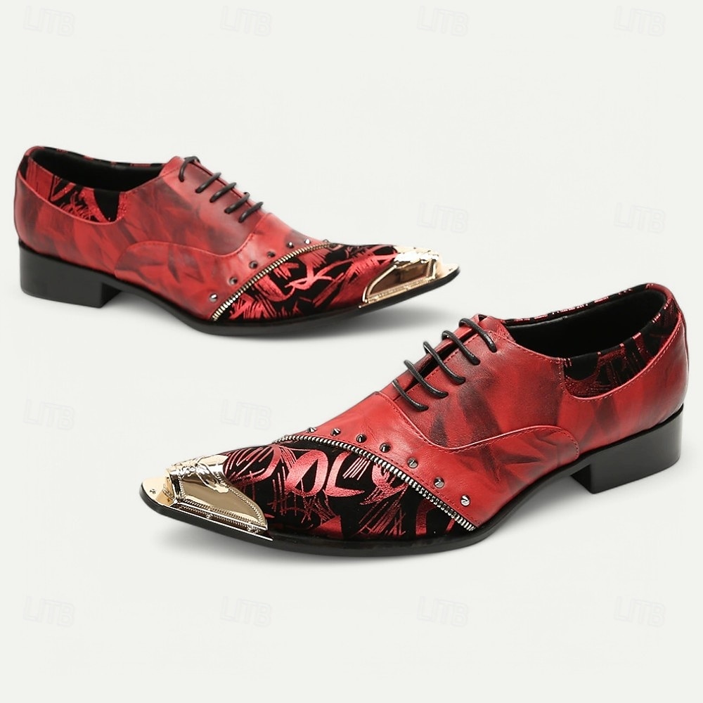 Zapatos de vestir de cuero rojo de primera calidad para hombre con estampado artístico y detalle de tachuelas: calzado formal elegante para ocasiones especiales 2025 - $109.99 -P7