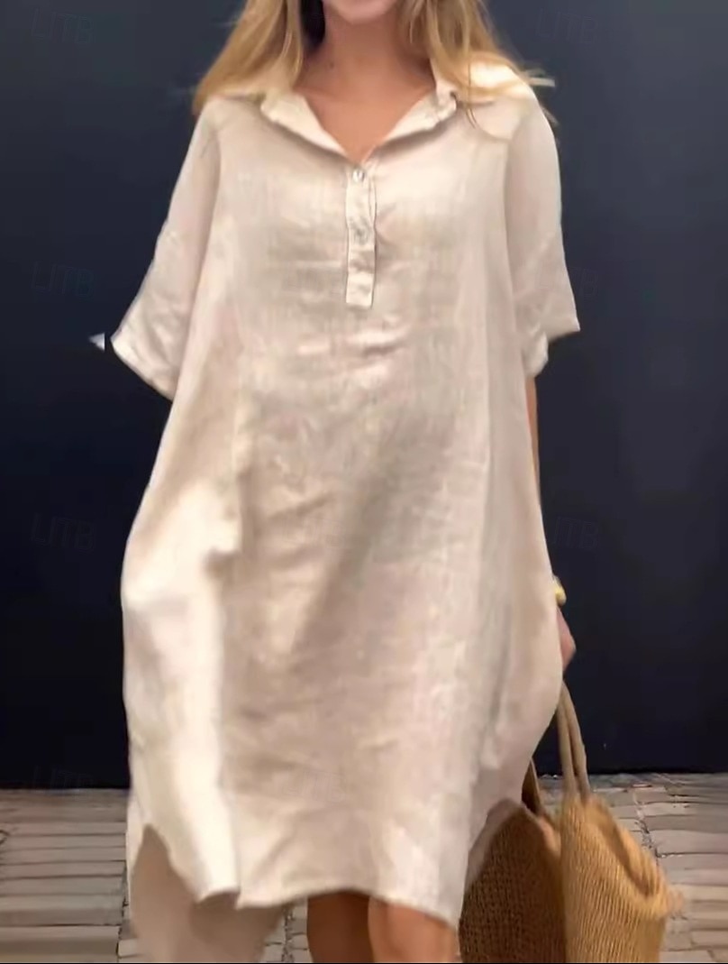 Women's Midi Dress Cotton Linen Dresses Casual Dress Basic Casual Vacation Daily Loose Fit Plain Half Sleeve Shirt Collar Yellow Pink Blue Khaki Summer Spring Fall 2025 - $26.99 –P1