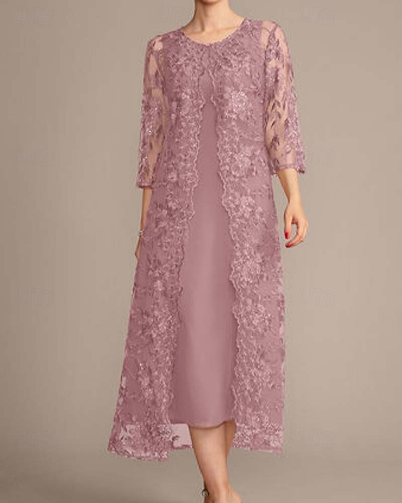 Conjunto de Vestido de Mãe da Noiva Elegante Vintage Simples Gola Redonda Comprimento Chá Chiffon Manga 3/4 Com Bordas em Cascata com Aplique de Renda Floral com Lantejoulas 2025 de 2025 por $191.99 –P4