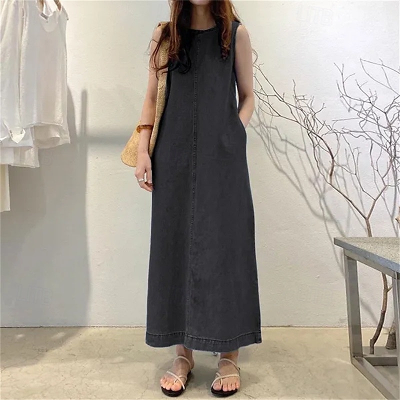 Dames Lange jurk maxi-jurk Denim jurk Casual jurk Zomerjurk Modieus Buiten Feestdagen Afspraakje Normale pasvorm Effen Mouwloos Strakke ronde hals Zwart blauw Donkerblauw Zomer Lente 2025 - $26.99 –P2