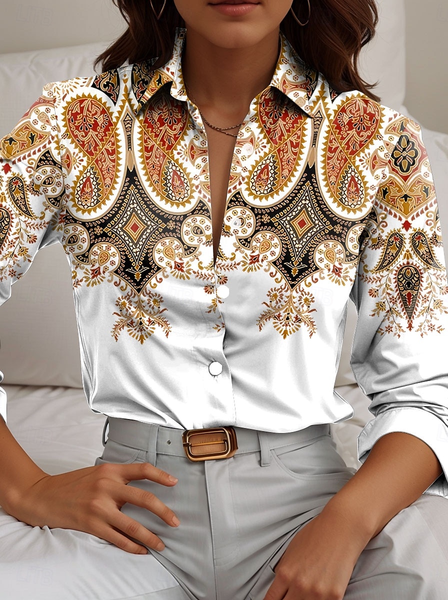 Women's Shirt Paisley Casual Long Sleeve Shirt Collar Regular Tops Work Daily Buttons Print Red Blue Orange Spring Fall Winter 2025 - $32.99 –P1