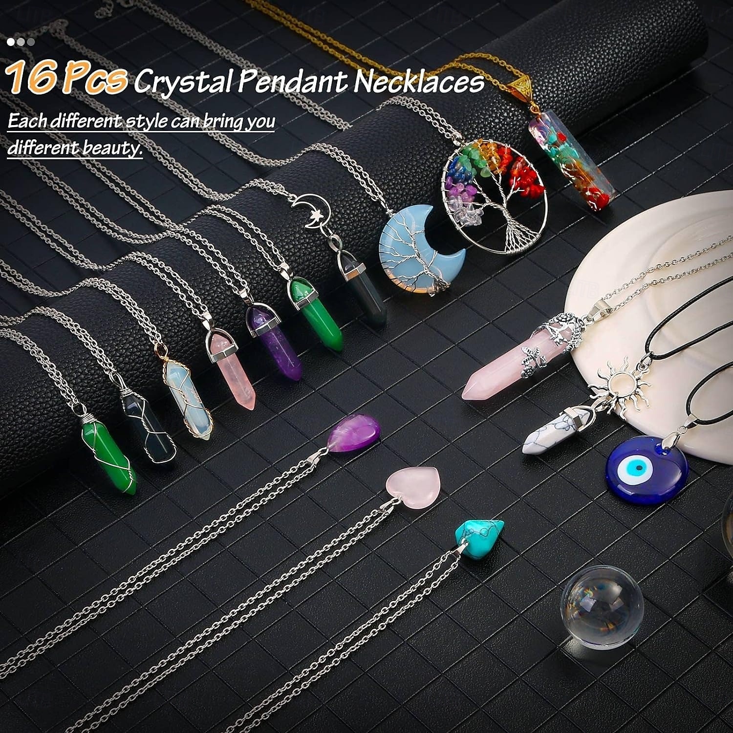 Colar com pingente de cristal de 16 peças, coluna hexagonal de ametista, fio trançado de mau olhado, colar com pingente de árvore da vida de 2025 por $33.99 –P2