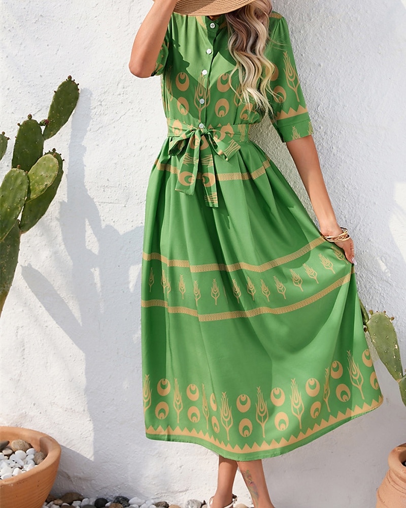 Pentru femei Rochie Lunga Rochie Maxi Rochie casual Rochie de vară Rochie Boho Modă În aer liber Concediu Dată Fit regulat Vopsire Lungime Manșon 3/4 Guler Cămașă Negru Alb Trifoi Vară Primăvară 2025 - $26.99 –P1