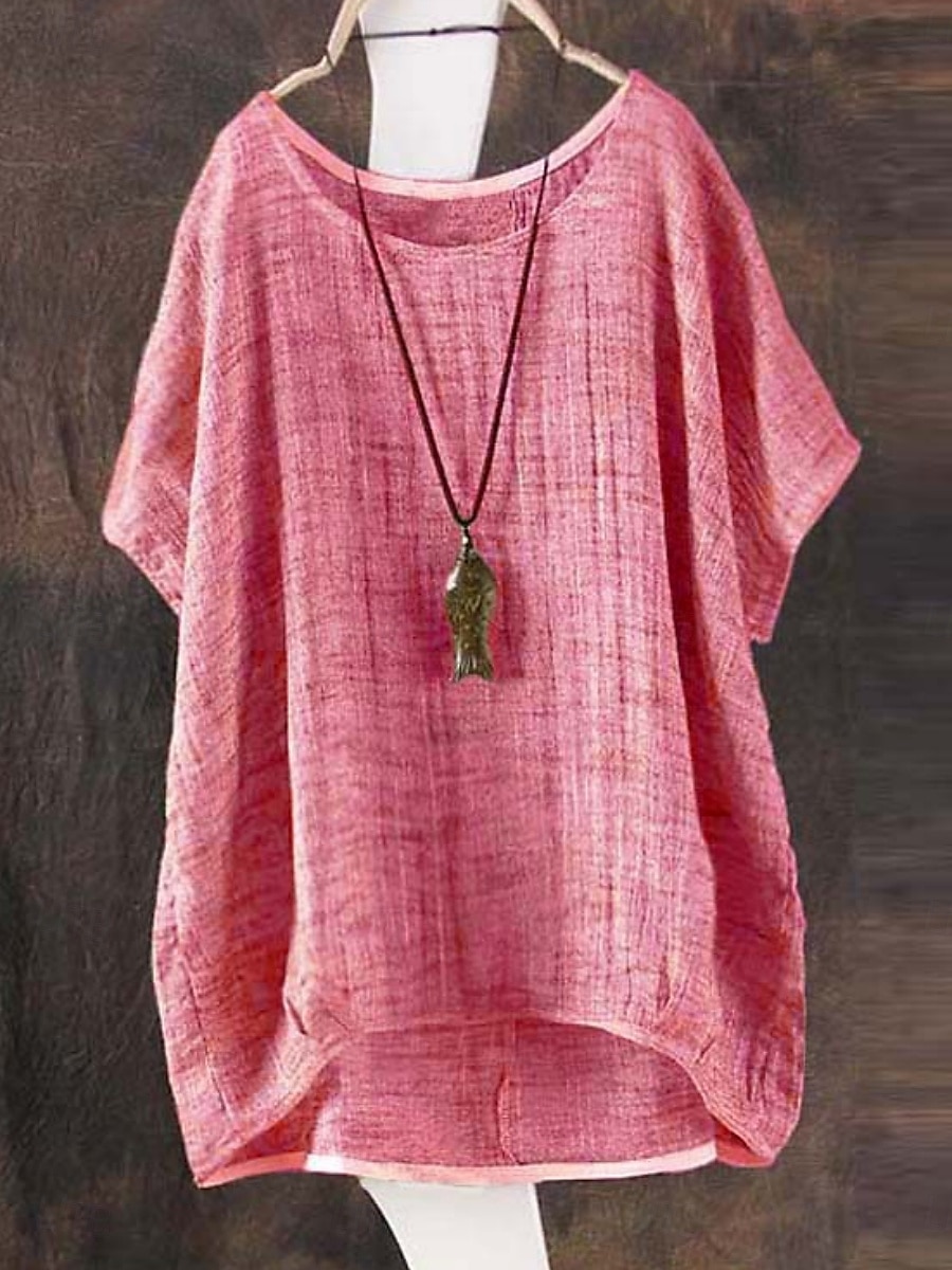Dame Skjorte Bluse Skjorter i bomullslin Helfarge Grunnleggende Fritid Halvlange ermer Crew-hals Vanlige topper Daglig Rosa Grønn Kakifarget Sommer 2025 - $21.99 –P1