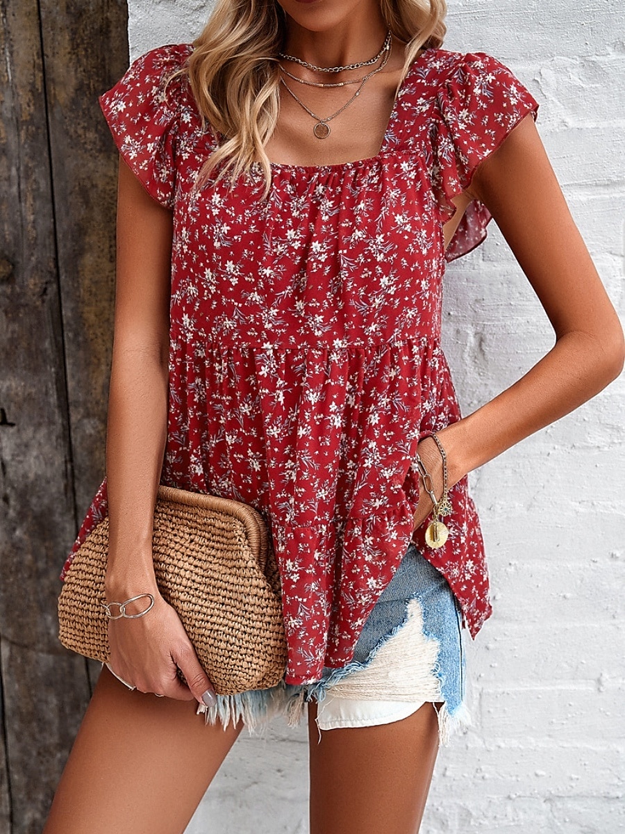Femme Chemise Chemisier Floral mode Décontractées Manche Courte Col Carré Hauts réguliers du quotidien A Volants Imprimer Noir Jaune Rouge Beige Eté de 2025 ? $32.99 –P9